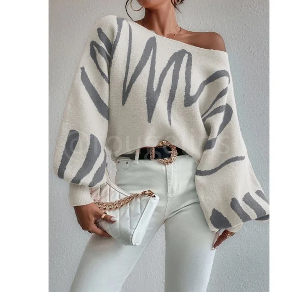 Knit Graphic Pullover Sweater Dirty Beige Grey Bishop Sleeve - Picture 2 of 10